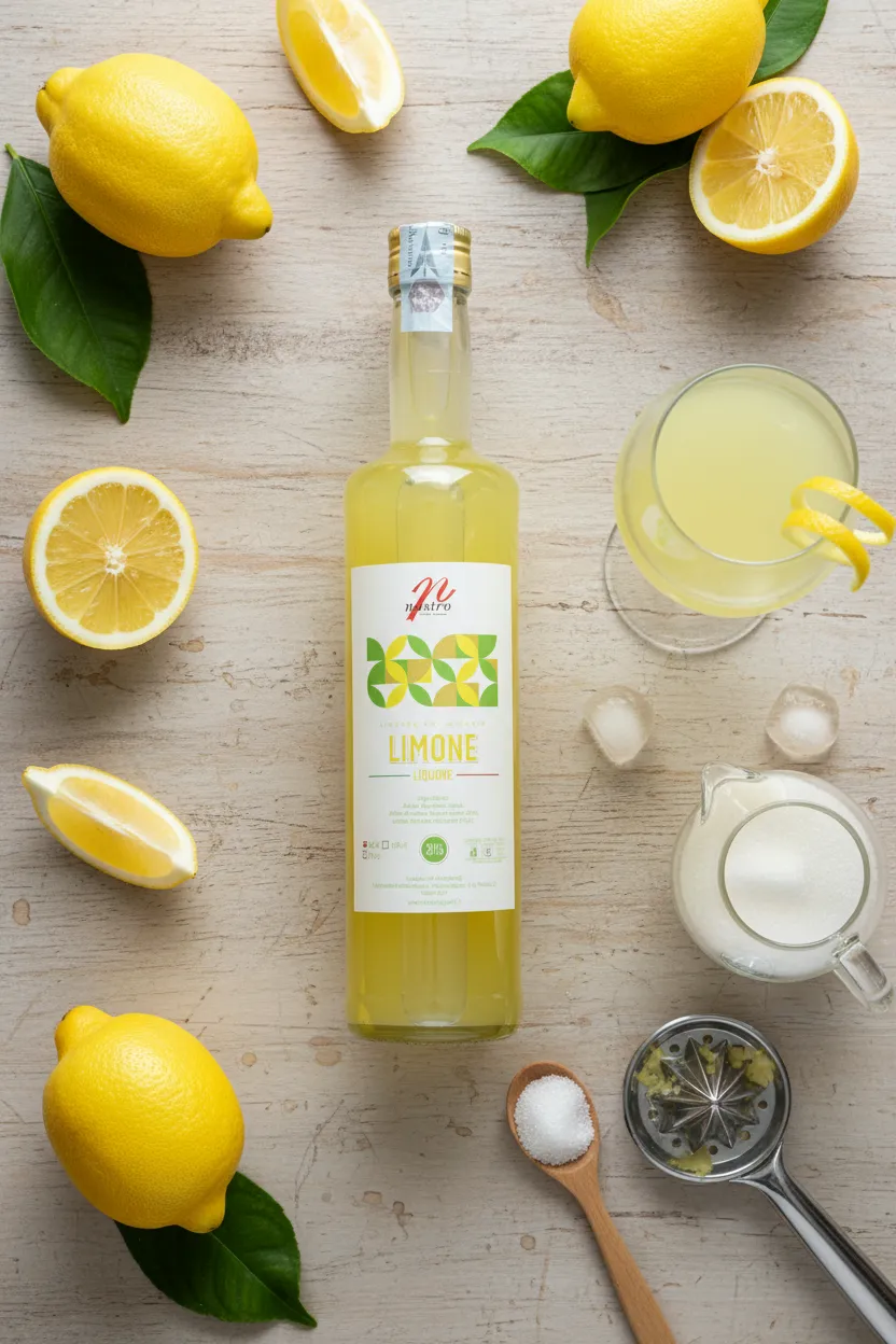 Liquore al limone con limoni freschi e un bicchiere servito freddo